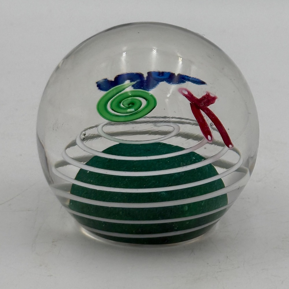 Vintage 1993 Signed Art Glass Paperweight Abstract Swirls Green White 3 Inch